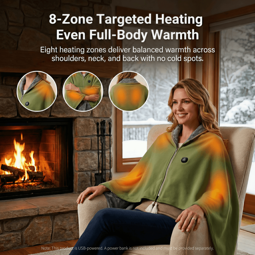 Cosycombe™ Heated Cotton Shawl Blanket with 8 Heating Zones