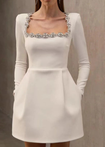 Cosycombe Square Neck Mini Dress with Rhinestone Flower Trim