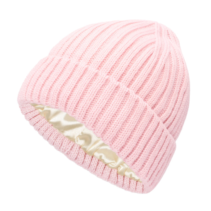 Cream ribbed beanie with satin lining