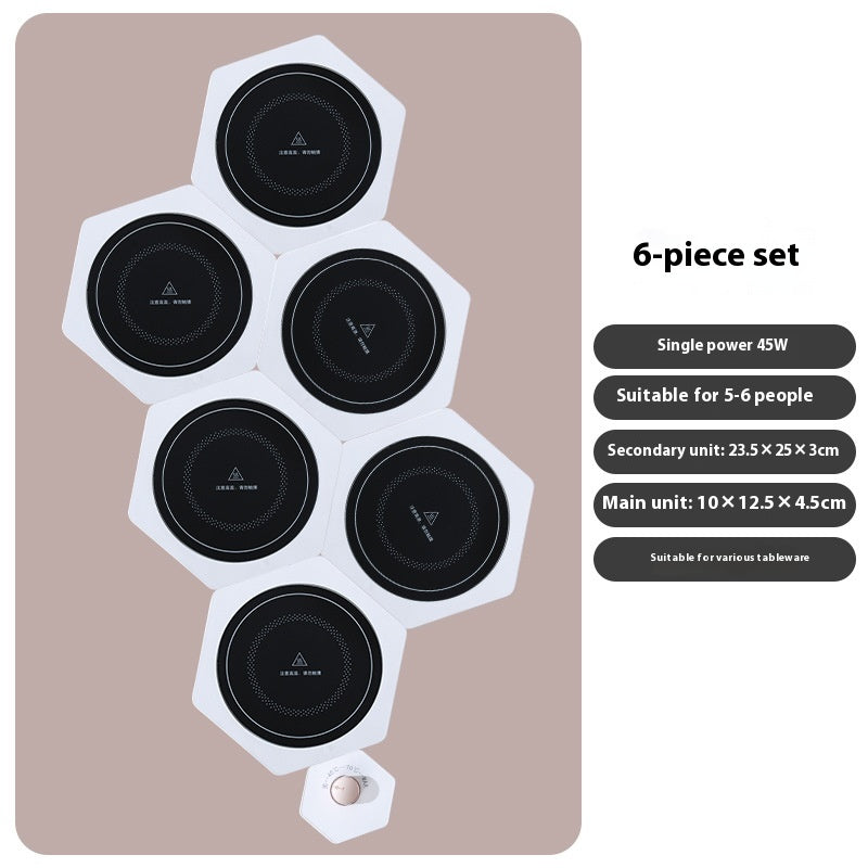 White hexagonal warming plates with dishes on top