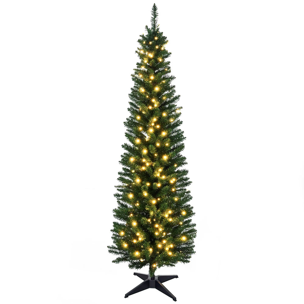 Slim pre-lit pencil Christmas tree in corner