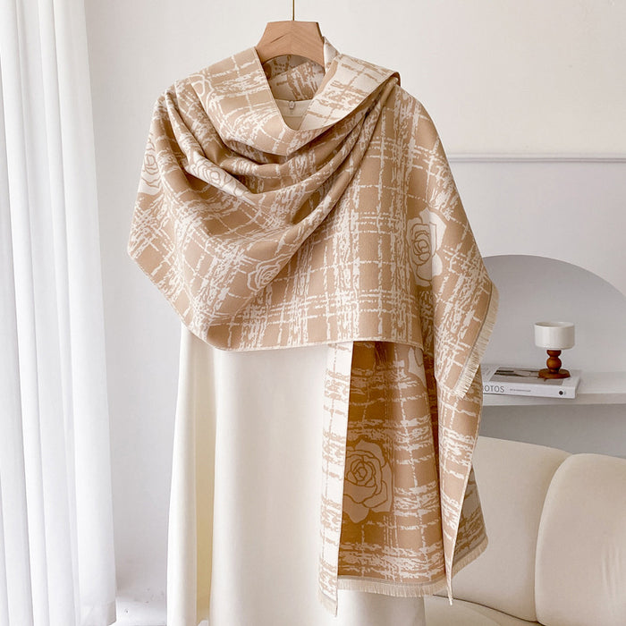 Cosycombe Double Sided Plaid Wrap Shawl with Rose Motif