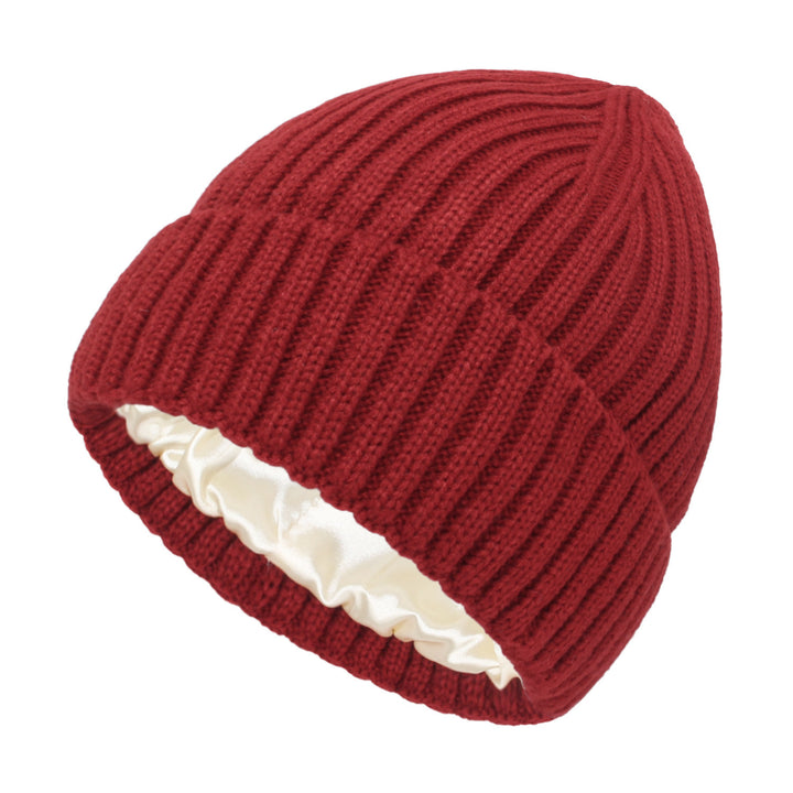 Cream ribbed beanie with satin lining