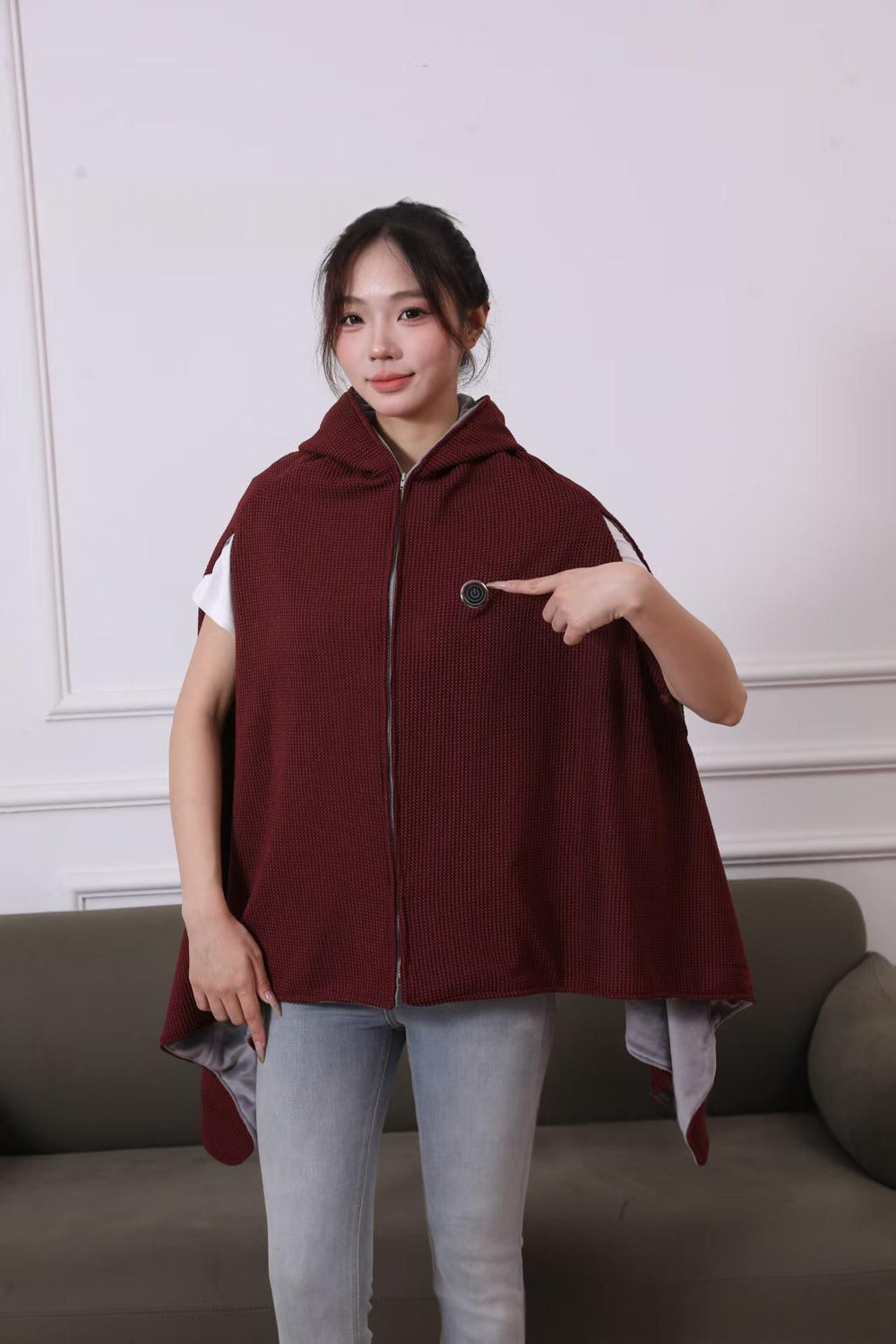 Black heated hooded shawl with zip front