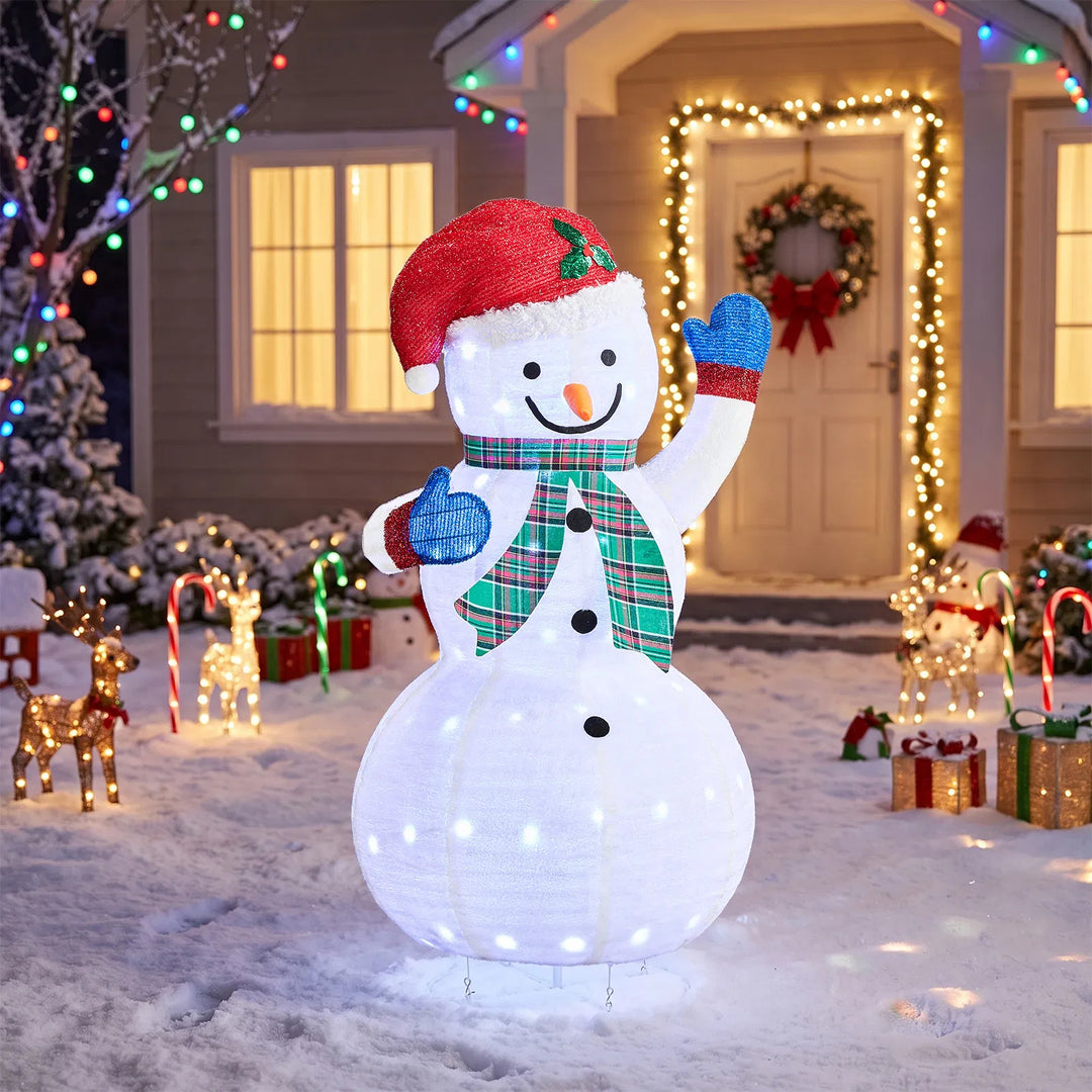 Light-up fabric snowman with plaid scarf