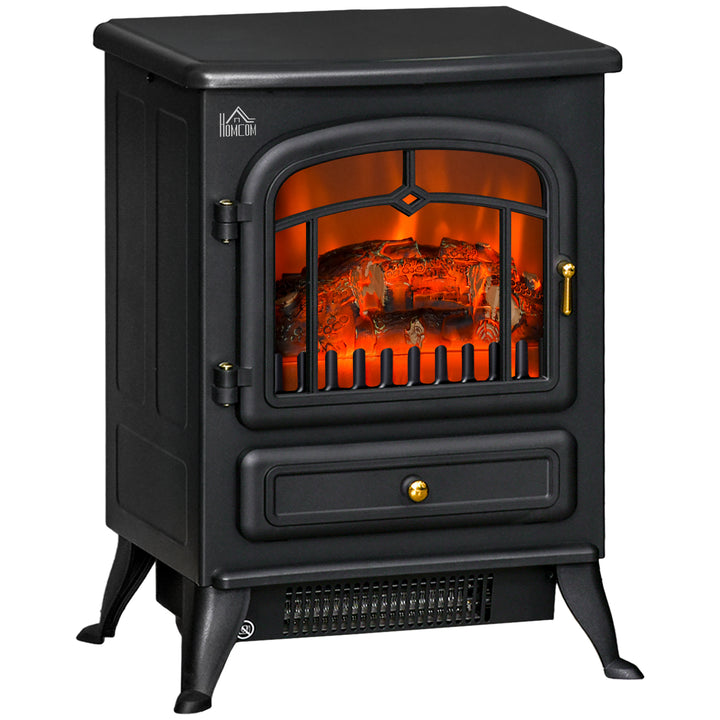 black vintage style electric stove with glowing logs