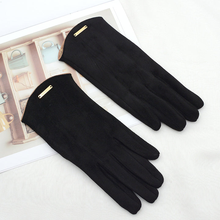 Camel faux suede gloves with gold bar detail