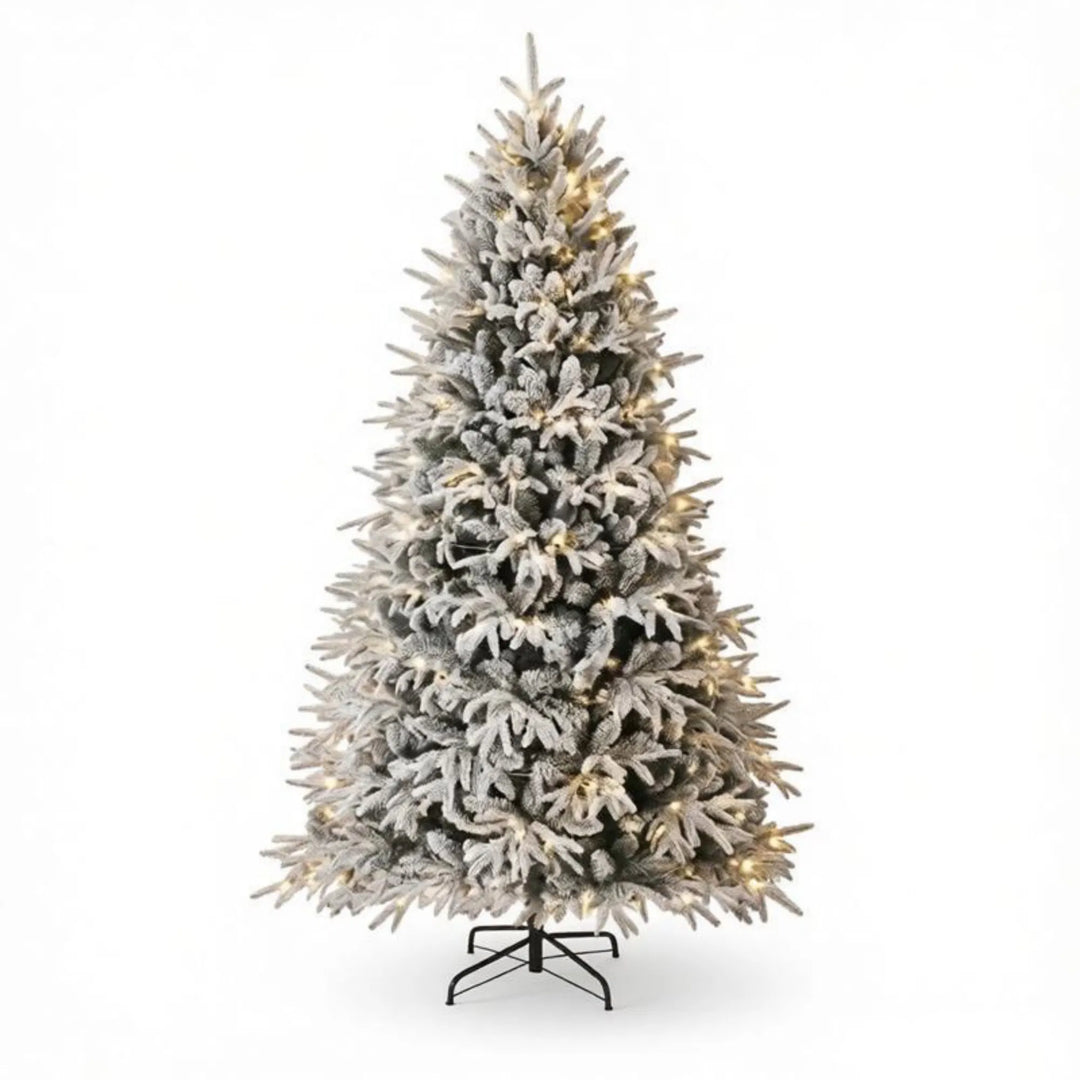 Extra-full flocked Christmas tree with lights