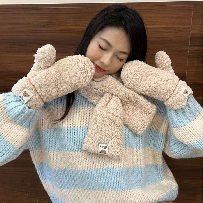 Cosycombe Teddy Mittens and Cross-Over Scarf Set with Bear Patch