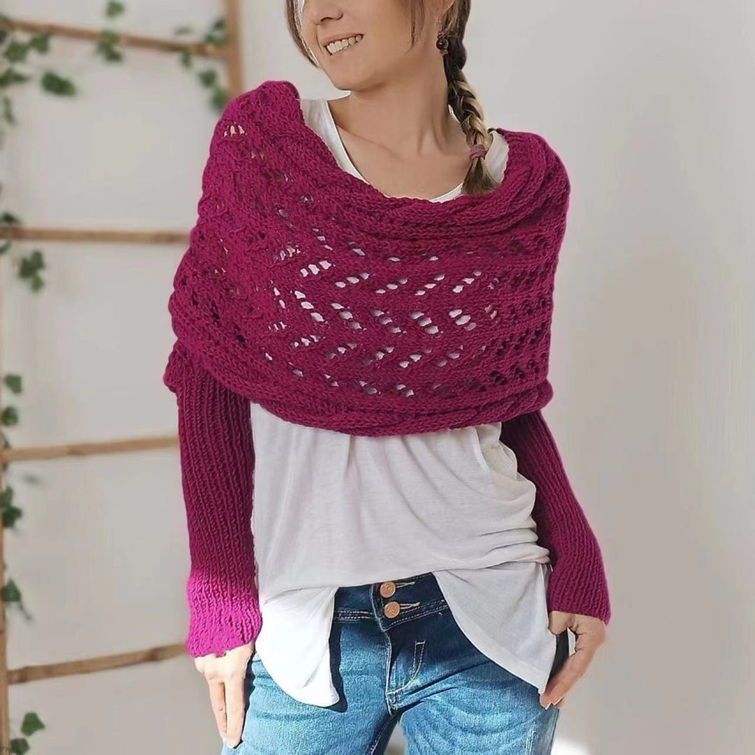 Woman in knitted shrug shawl with sleeves
