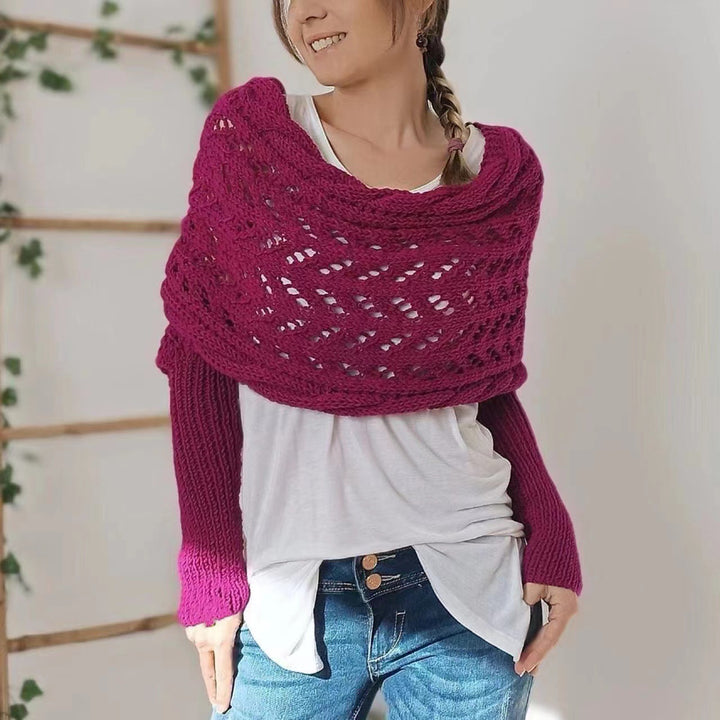 Woman in knitted shrug shawl with sleeves