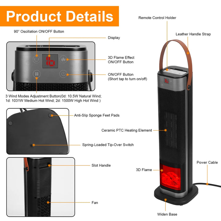Black tower heater with flame-effect window