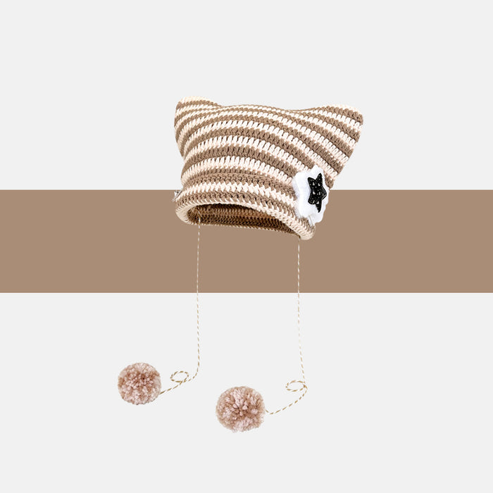 Cosycombe Striped Cat Ear Beanie with Star or Pompoms