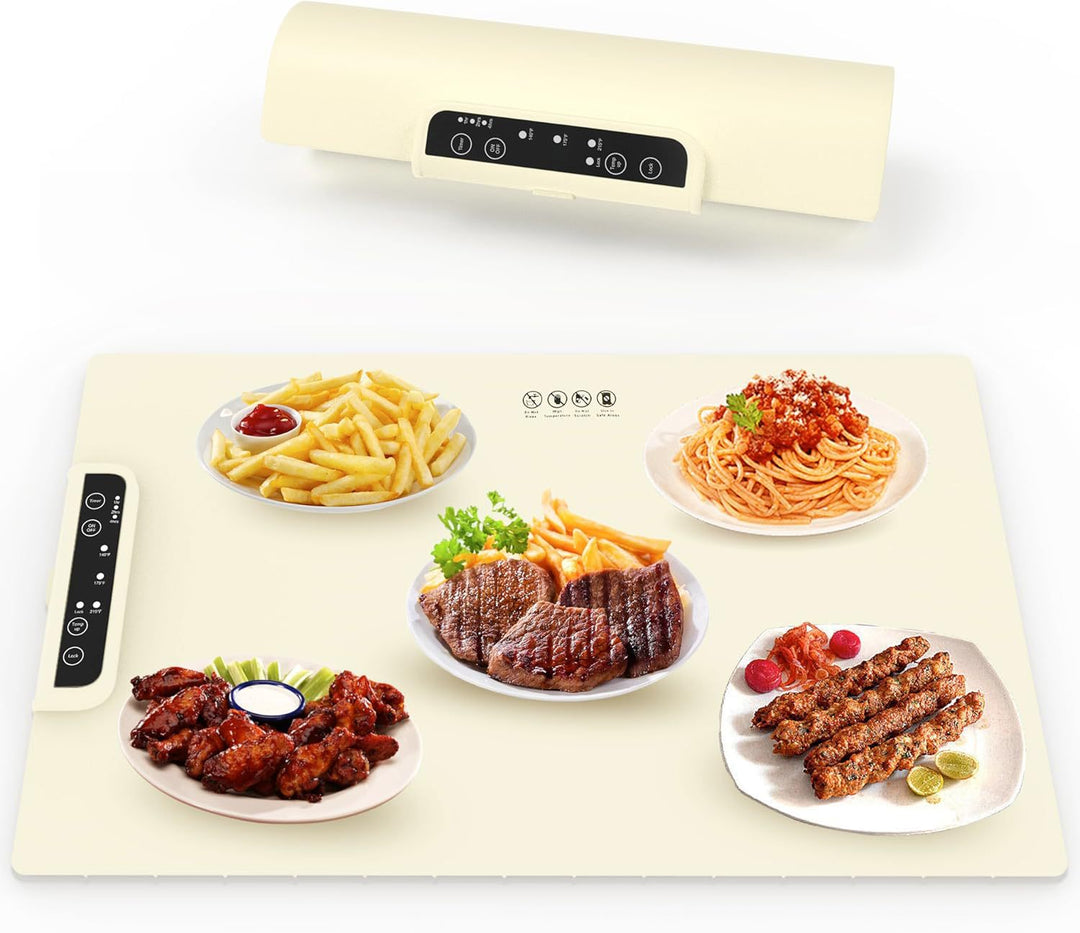 Roll-up food warming mat with dishes on top