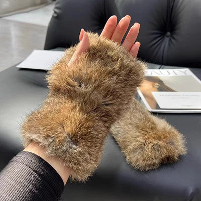 Cosycombe Fluffy Rabbit Fur Fingerless Mittens with Thumb Hole