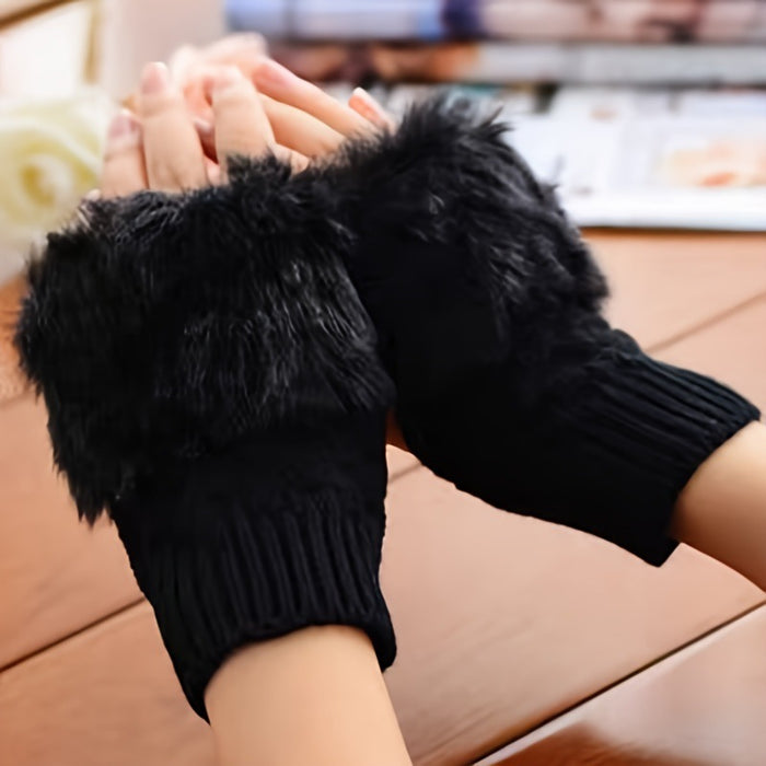 Cosycombe Fingerless Knit Gloves with Fluffy Faux Fur