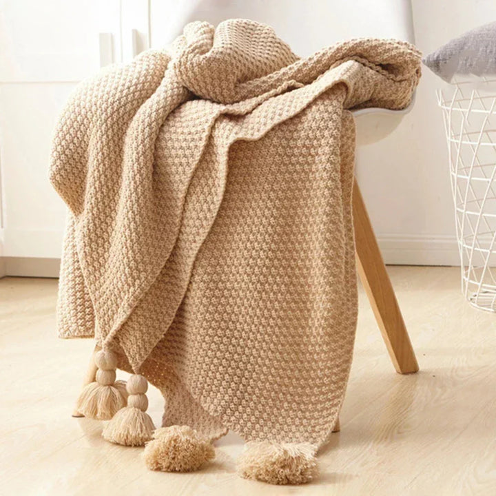 Cosycombe™ Handwoven Wool Blanket with Fringes and Pom-Poms