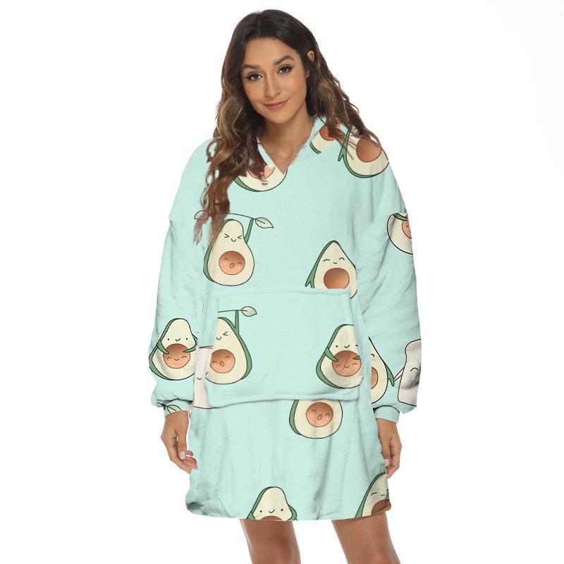 Person wearing oversized panda hooded blanket