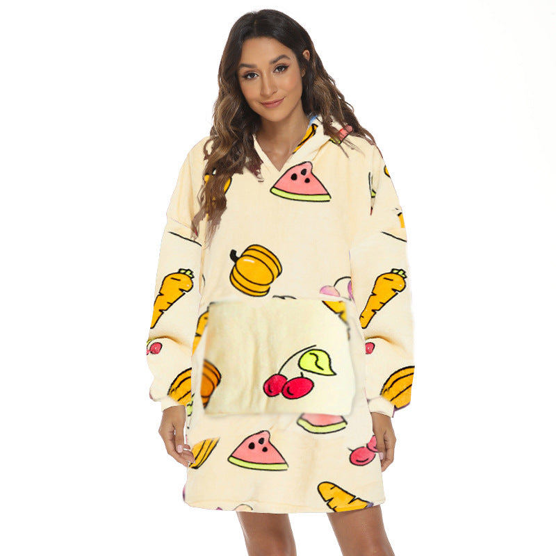 Person wearing oversized panda hooded blanket