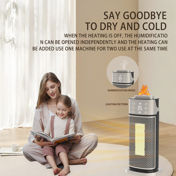 Silver tower heater with flame-effect humidifier