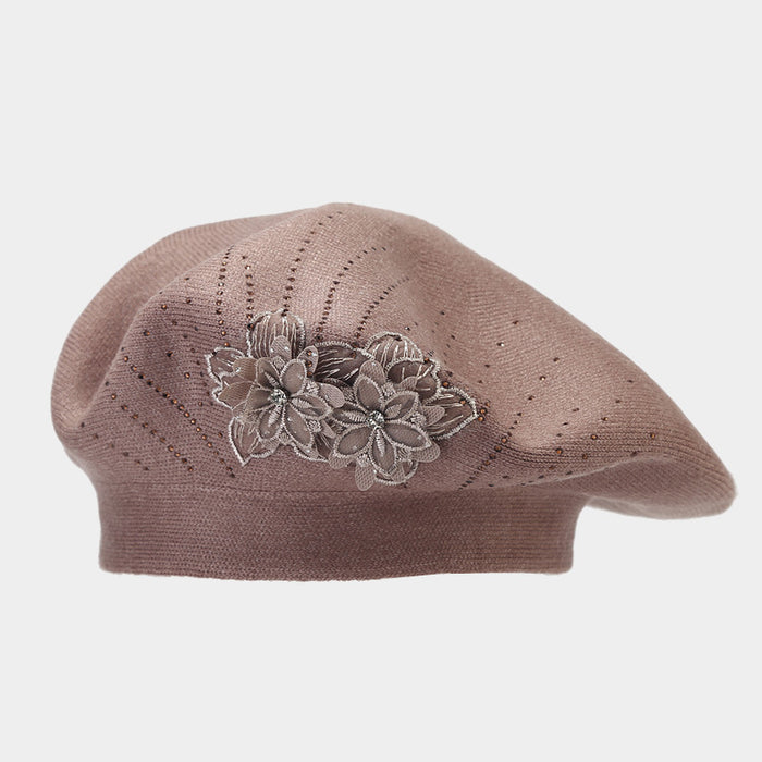 Cosycombe Knit Beret with 3D Flower and Rhinestones