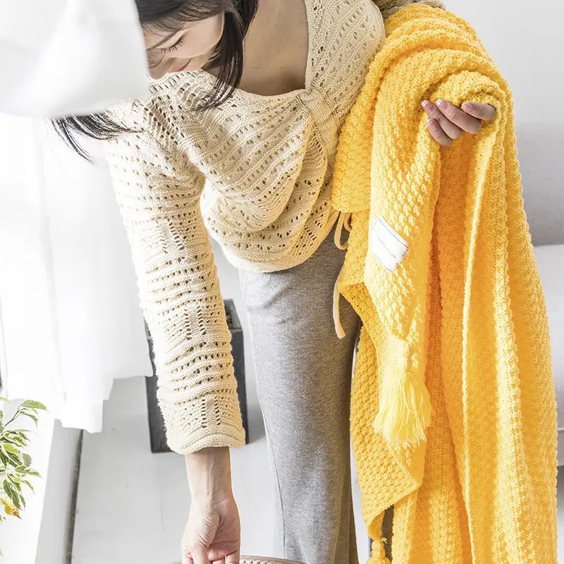 Cosycombe™ Handwoven Wool Blanket with Fringes and Pom-Poms
