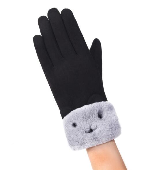 Grey suede look gloves with bear face cuff