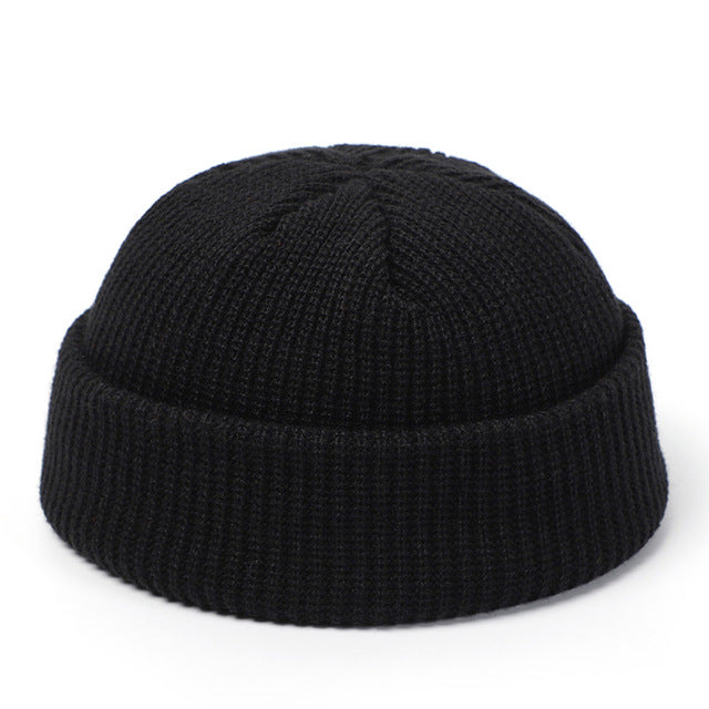 Short ribbed docker beanie with turn-up cuff