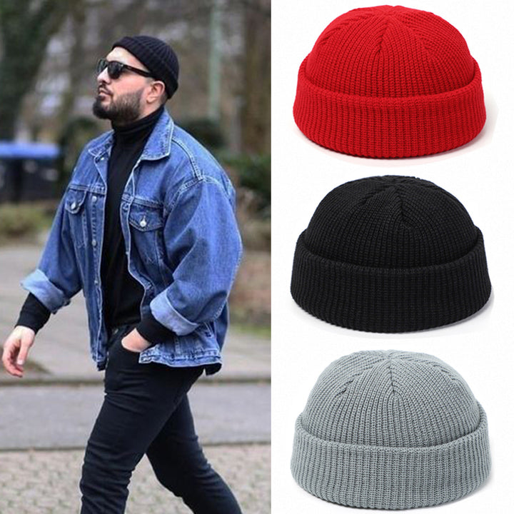Short ribbed docker beanie with turn-up cuff