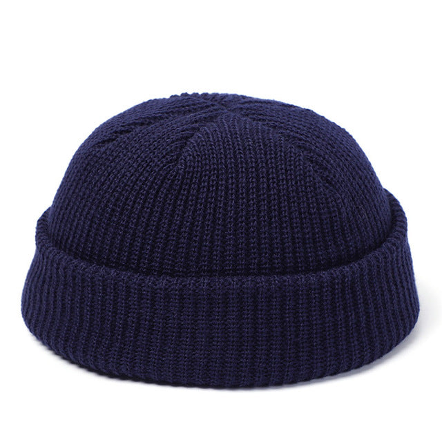 Short ribbed docker beanie with turn-up cuff
