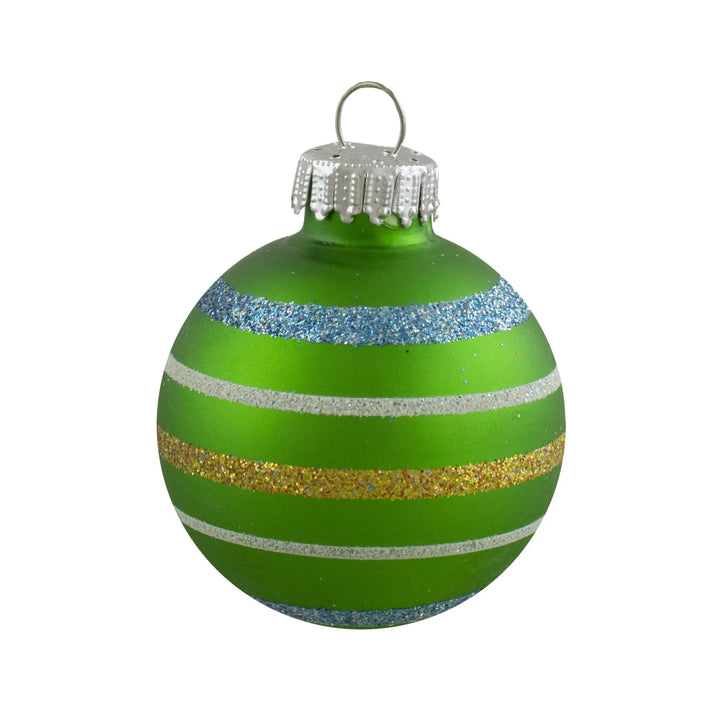 Ten matte glass baubles with glitter swirls
