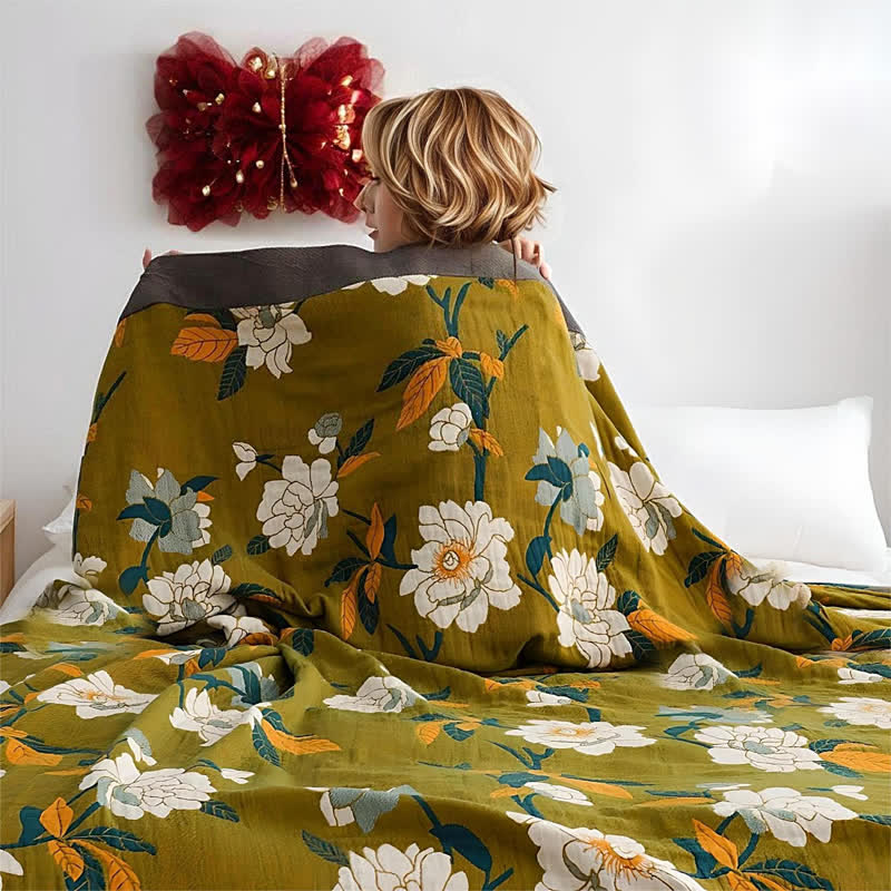 Cosycombe™ Double-Sided Boho Cotton Quilt with Olive Floral Print