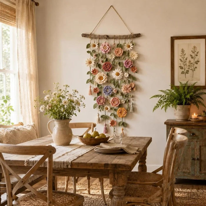 Cosycombe Boho fabric flower wall hanging on a wooden branch