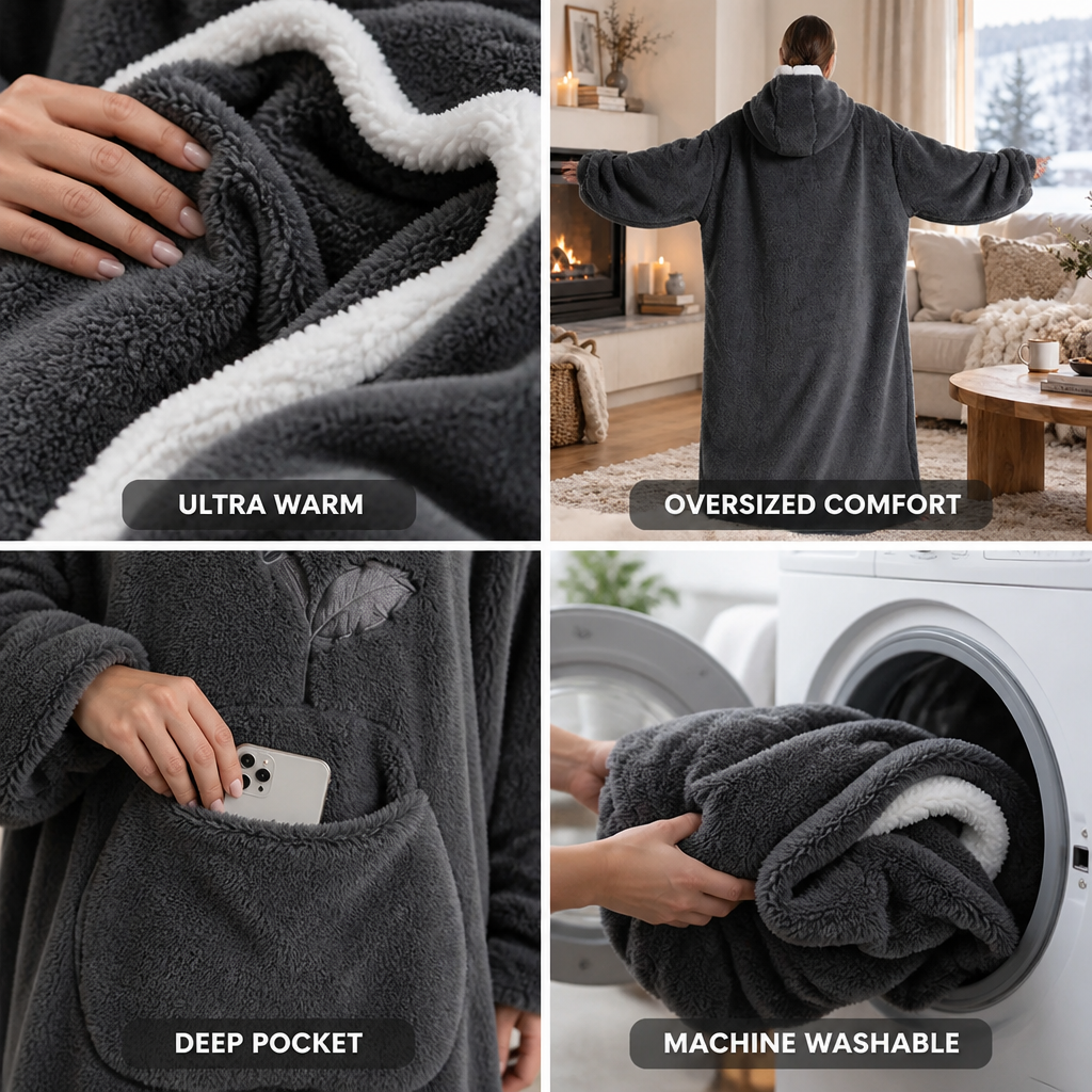 Cosycombe™ Oversized Sherpa Fleece Hooded Blanket with Sleeves and Pocket