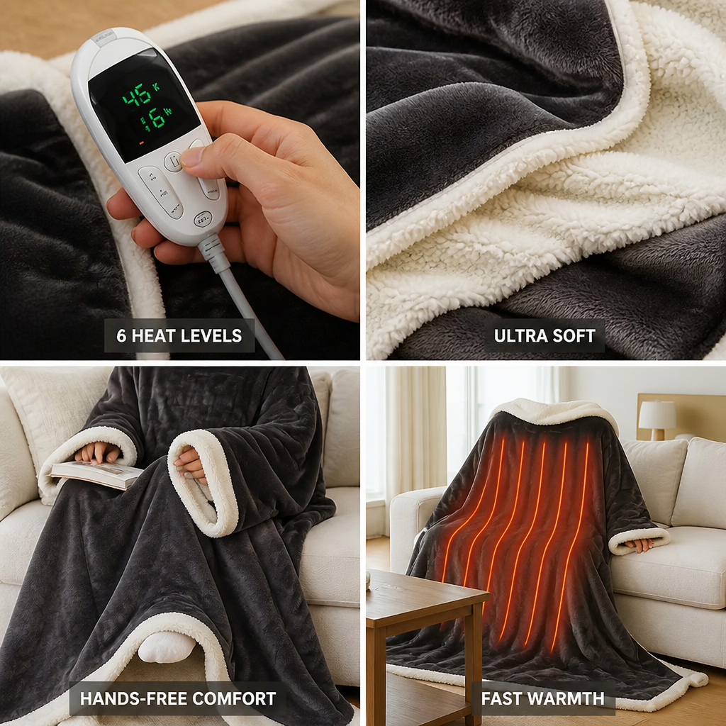 Cosycombe™ Heated Wearable Sherpa Blanket with Sleeves and 6 Heat Settings