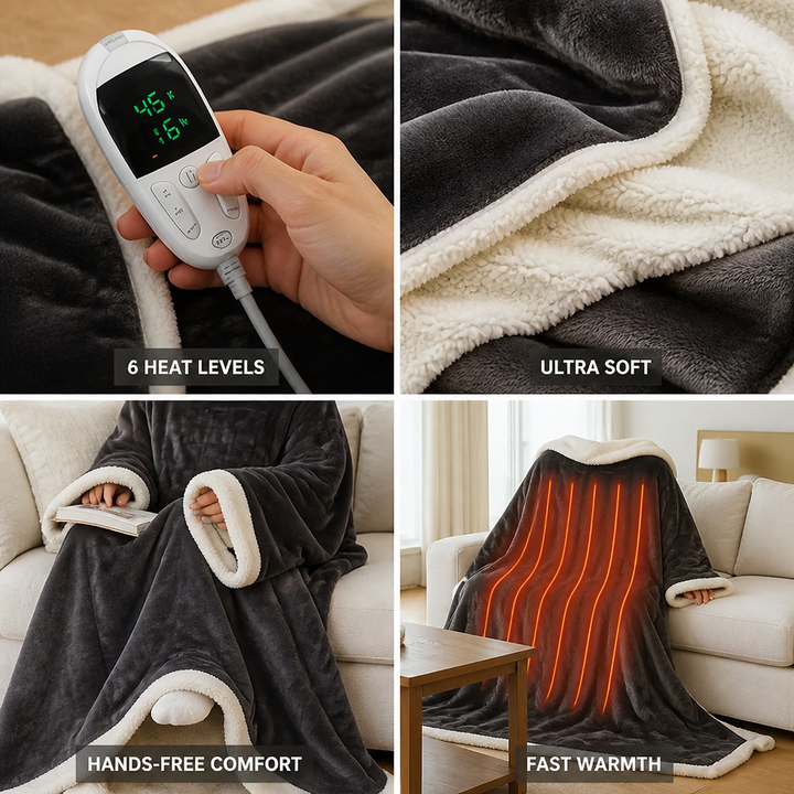 Cosycombe™ Heated Wearable Sherpa Blanket with Sleeves and 6 Heat Settings
