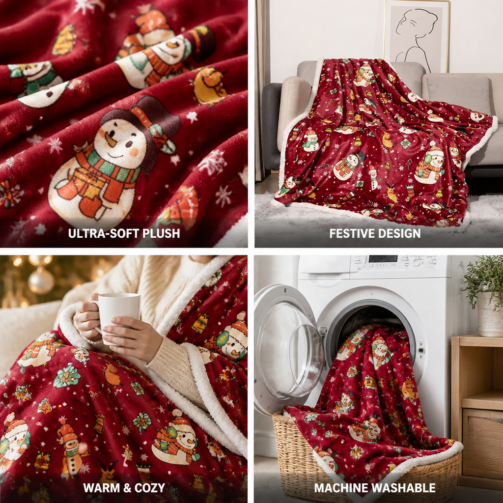 Cosycombe™ Festive Plush Fleece Throw with Christmas Motifs