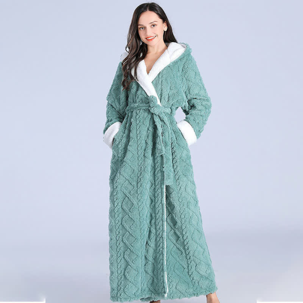 Cosycombe™ Long Plush Knitted Hooded Dressing Gown with Patch Pockets