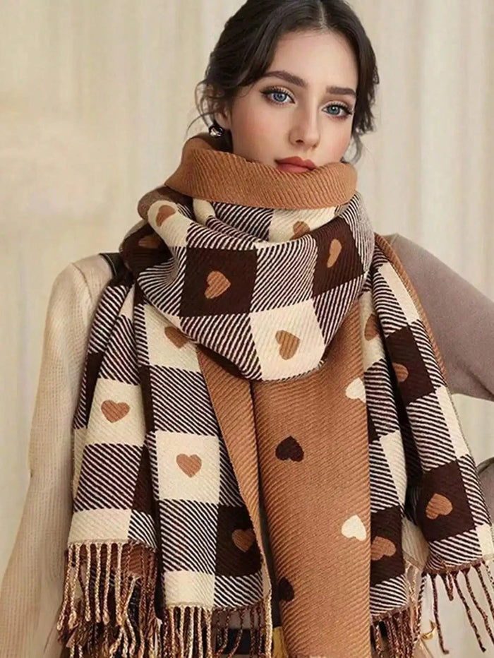 Cosycombe™ Checked Winter Scarf and Shawl with Heart Pattern