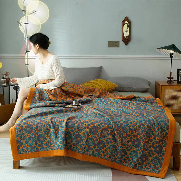 Cosycombe™ Six-Layer Cotton Blanket with Orange and Blue Pattern