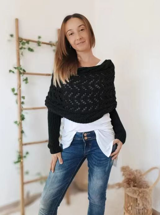 Woman in knitted shrug shawl with sleeves