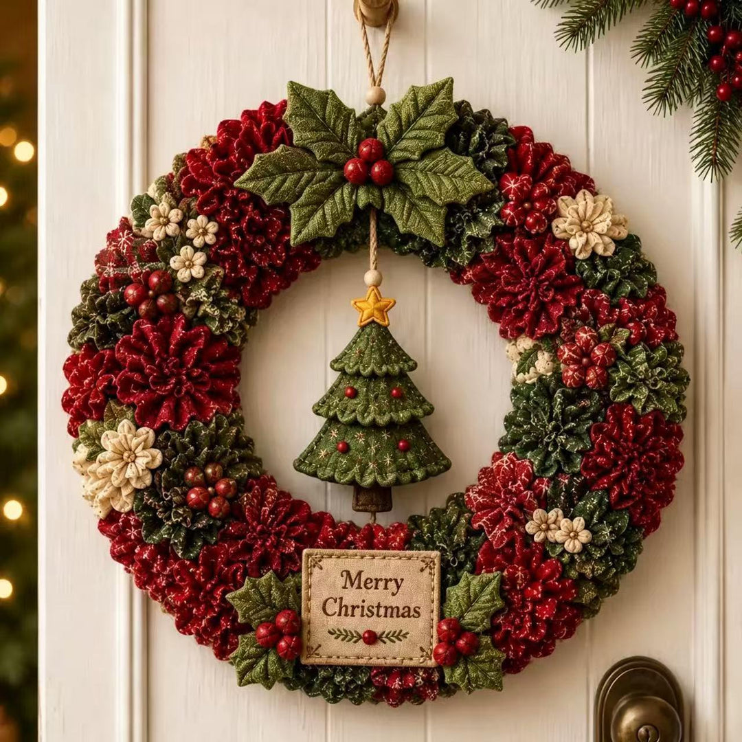 Fabric punch needle Christmas wreath with Santa