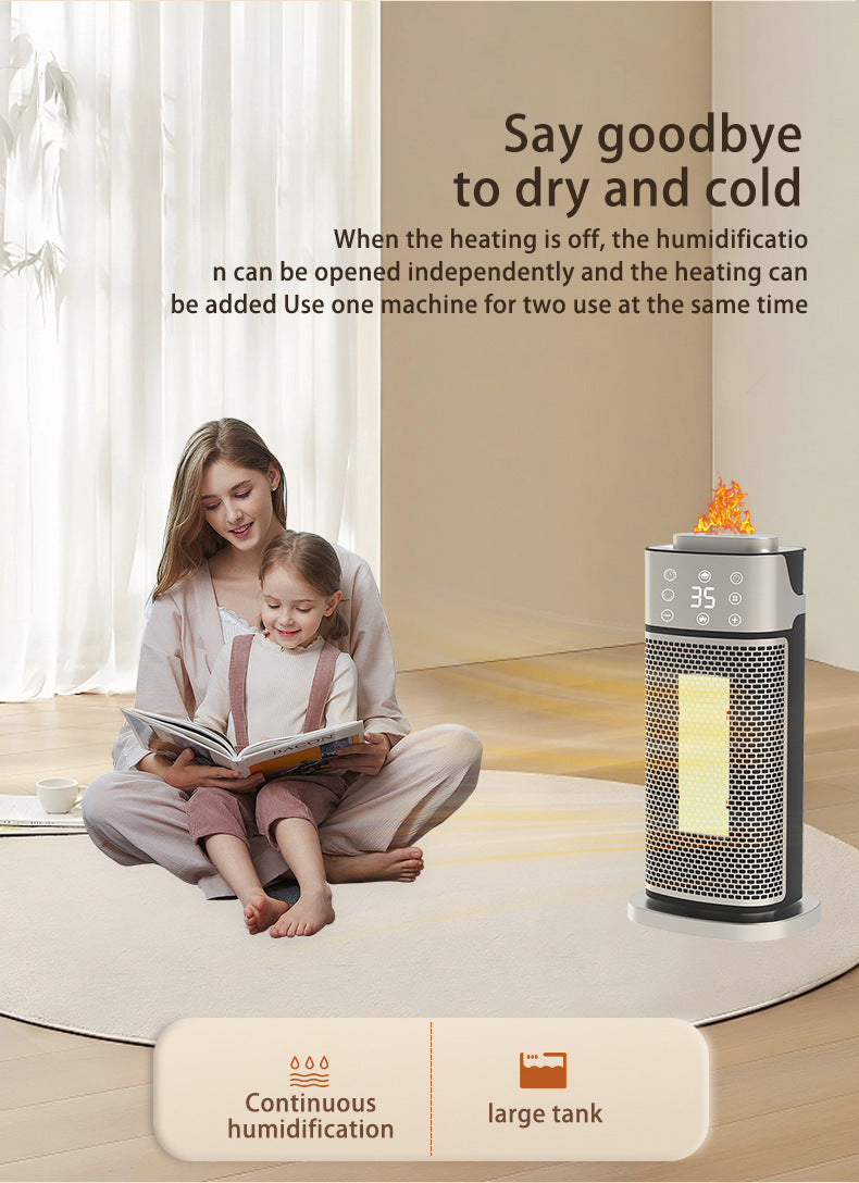 Silver tower heater with flame-effect humidifier