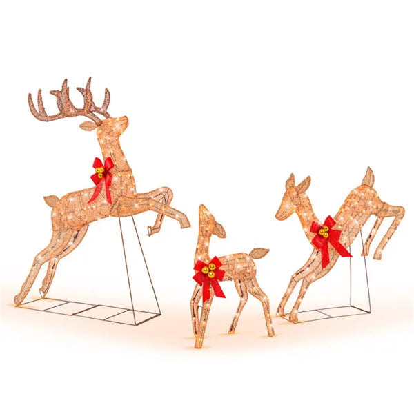 Three glitter reindeer with red bows lit