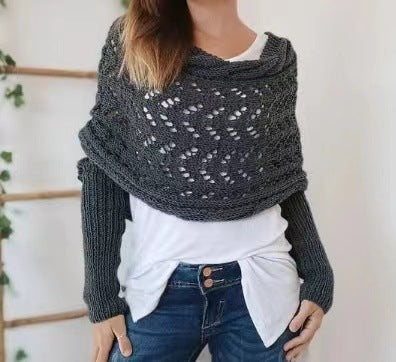 Woman in knitted shrug shawl with sleeves