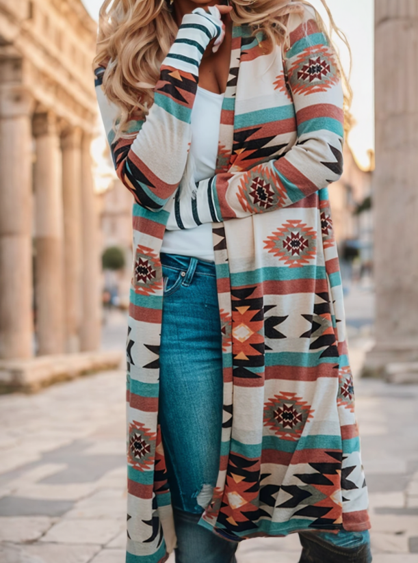 Cosycombe Long Open Front Cardigan with Colour Block Pattern