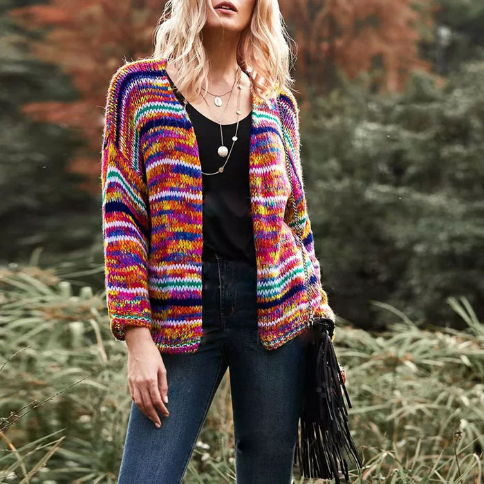 Cosycombe Chunky Striped Knit Cardigan, Short Open Front