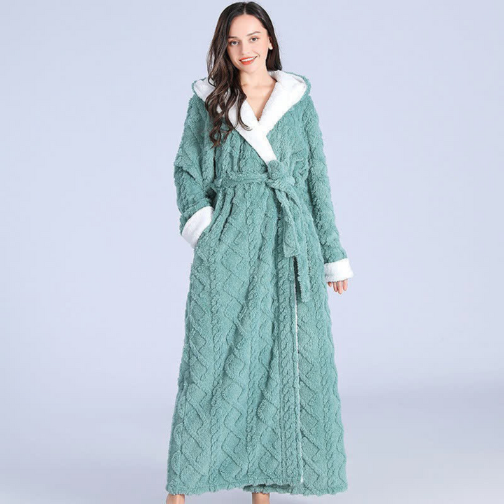 Cosycombe™ Long Plush Knitted Hooded Dressing Gown with Patch Pockets