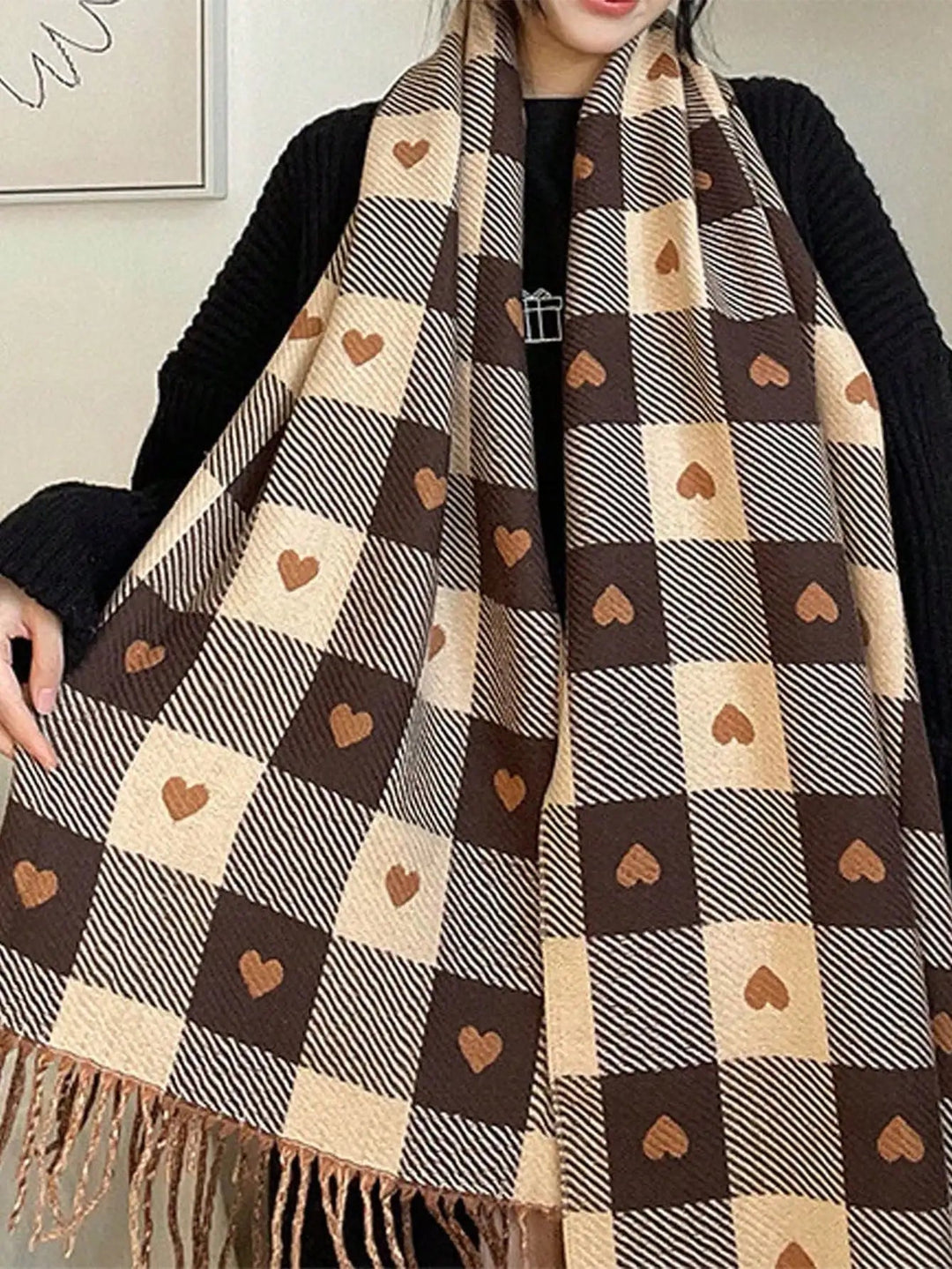 Cosycombe™ Checked Winter Scarf and Shawl with Heart Pattern