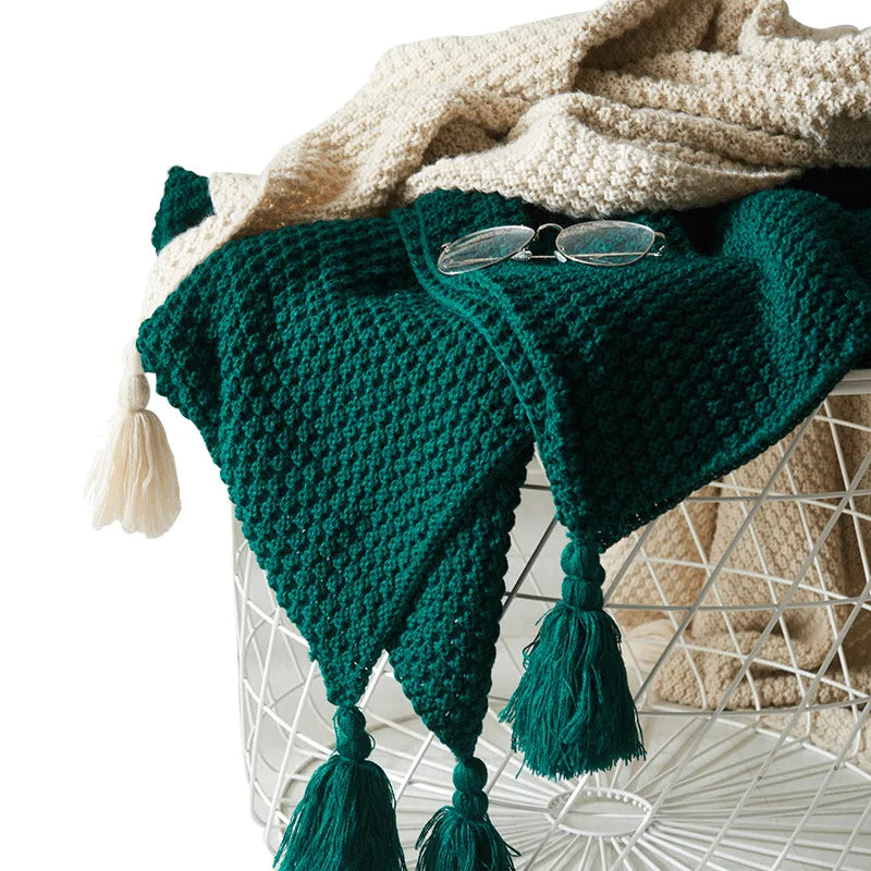 Cosycombe™ Handwoven Wool Blanket with Fringes and Pom-Poms
